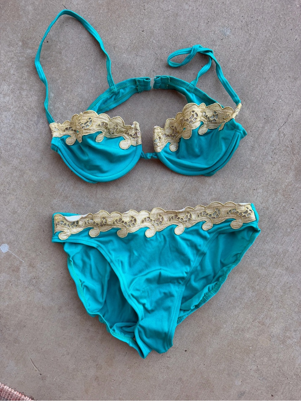 Teal & Gold Lace Trim Bikini - Women's Swim